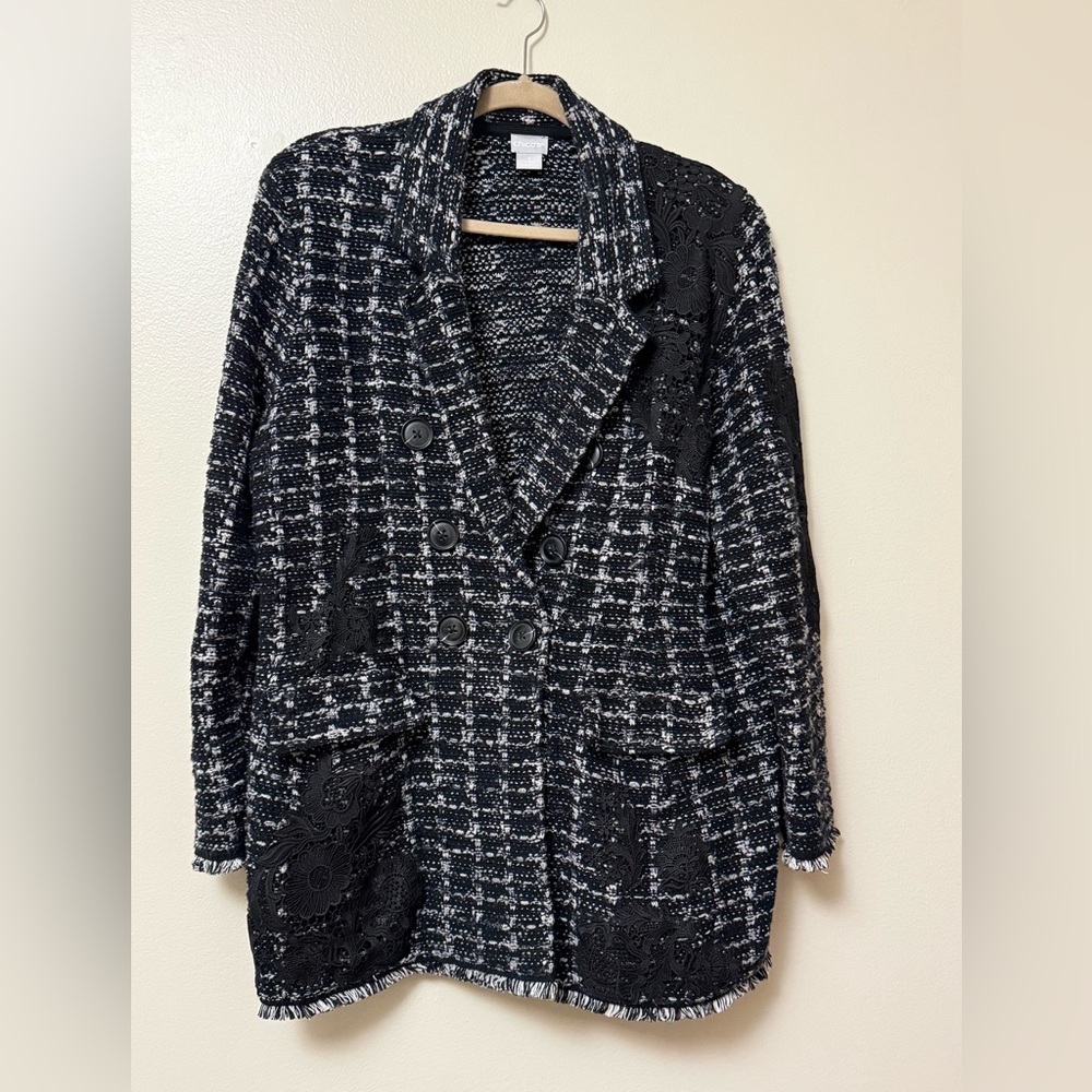 Chicos Women's Black and White embroidered plaid sweater blazer tweed lace